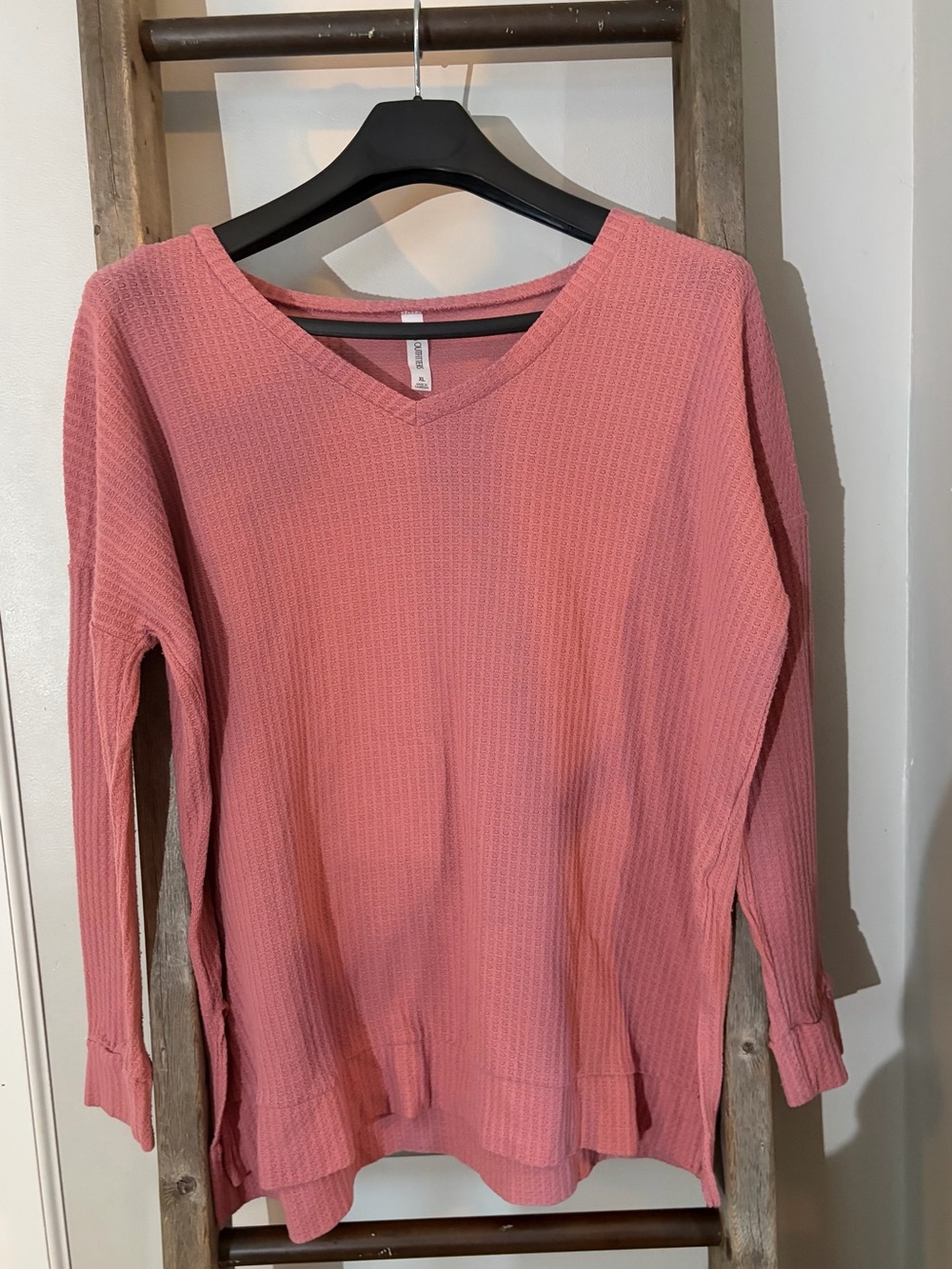 Zenana Outfitters Waffle Knit V-Neck Long Sleeve Top - Dusty Rose